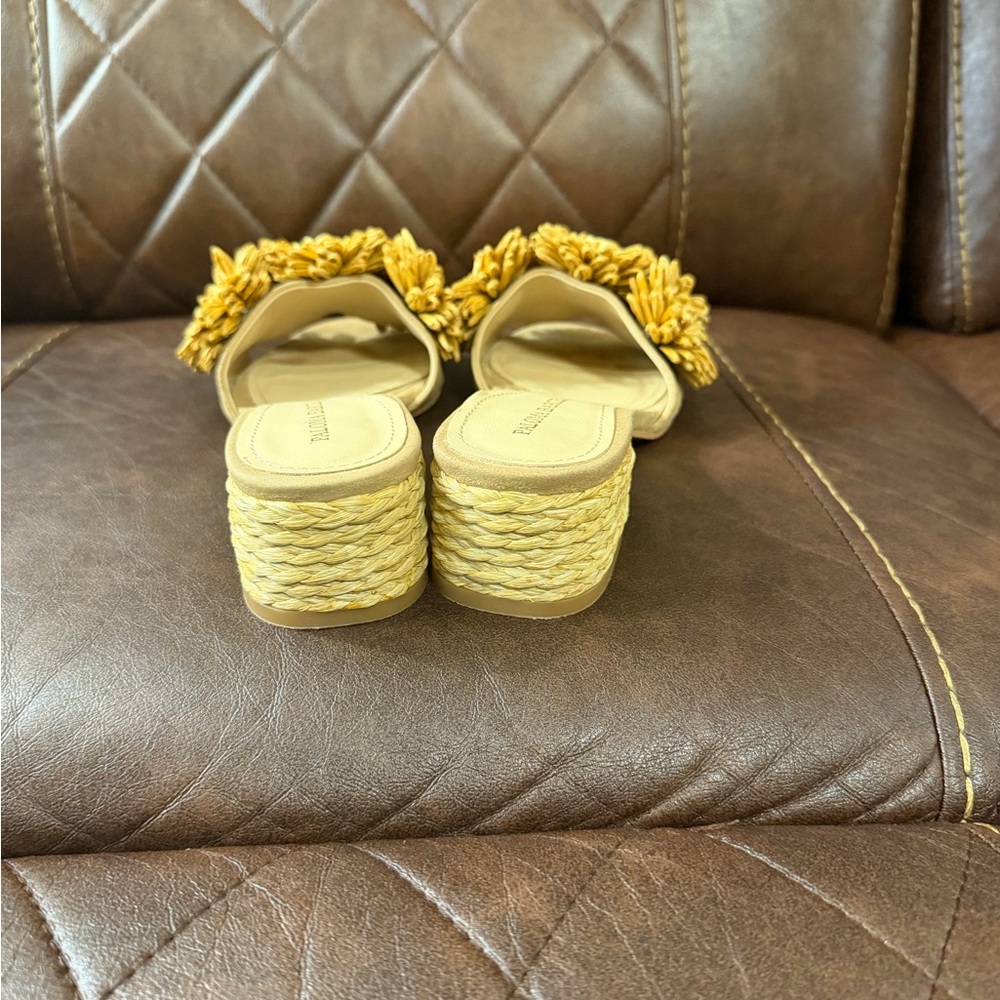 Paloma Barcelo Yellow Raffia Floral Block Heel Mules - Picture 6 of 10
